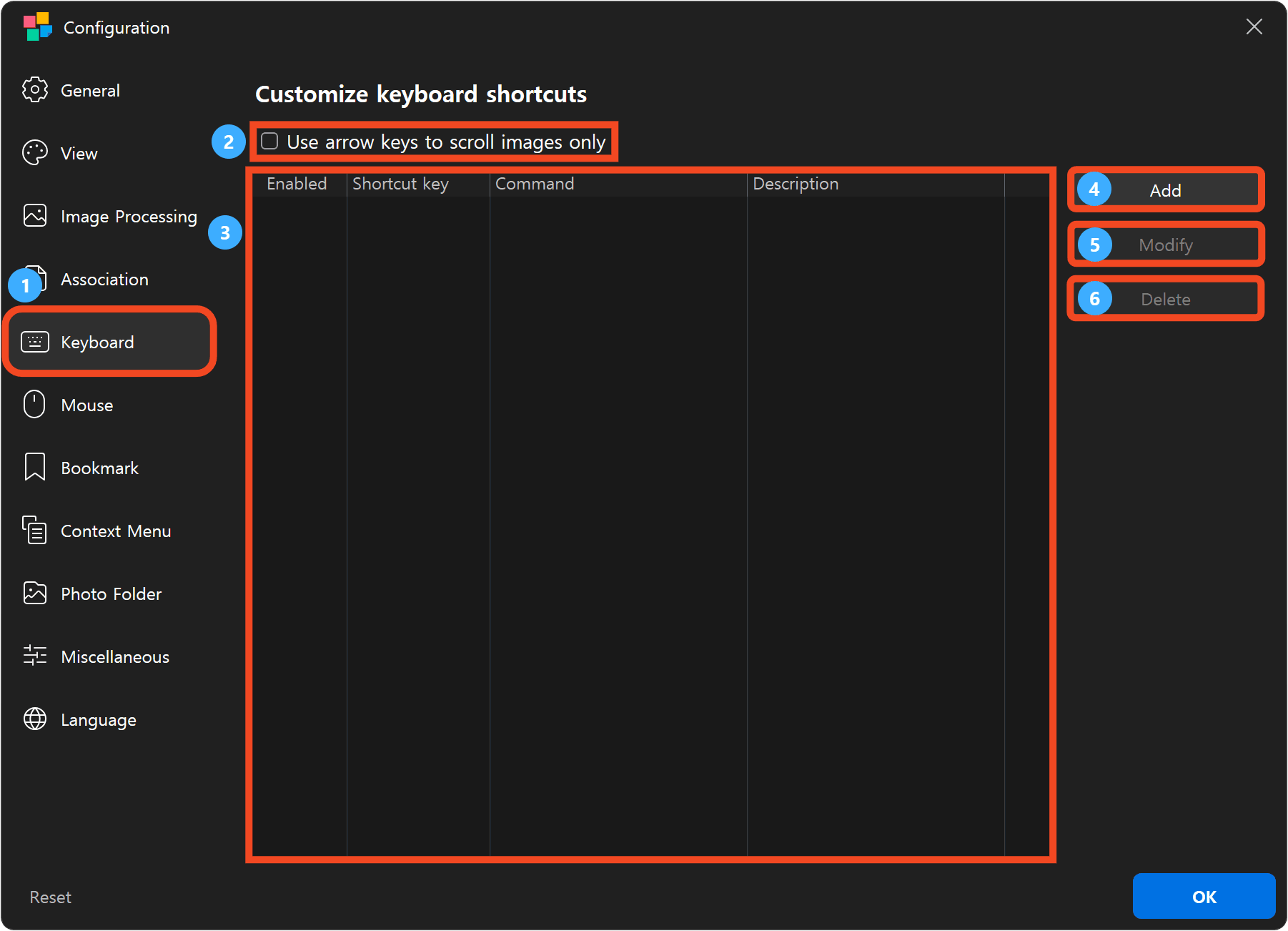 Keyboard settings with options, shortcut list, and Add, Modify, and Delete buttons